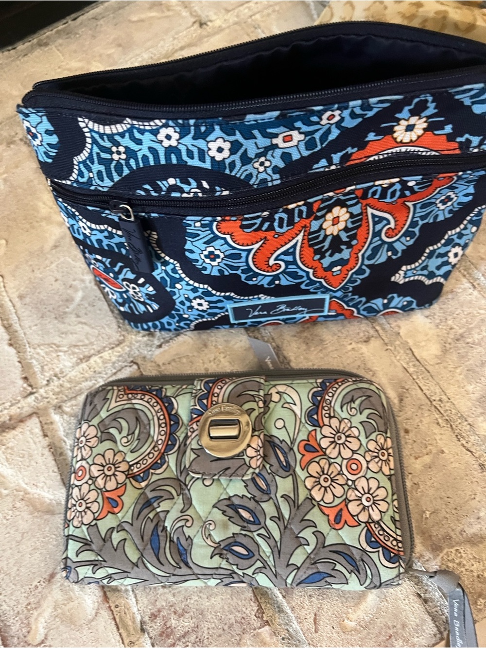 Vera Bradley Blue Floral Zip Pouch & Green Floral Quilted Wallet Set